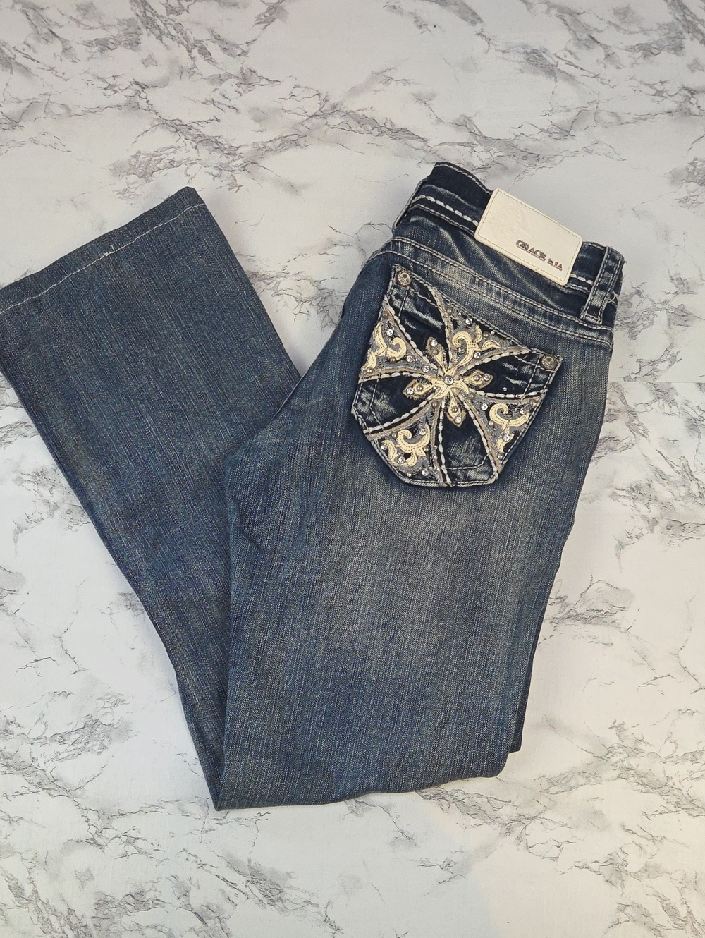 Grace in LA Size 28 Embellished Cross Bootcut Jeans Medium Wash Rhinestone Y2K